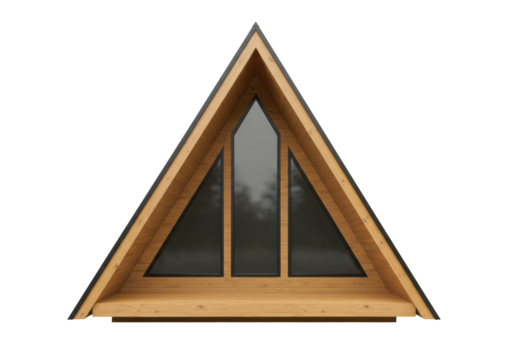A-frame cabin window isolated PNG, triangular architecture with wooden frame and black trim for modern design projects