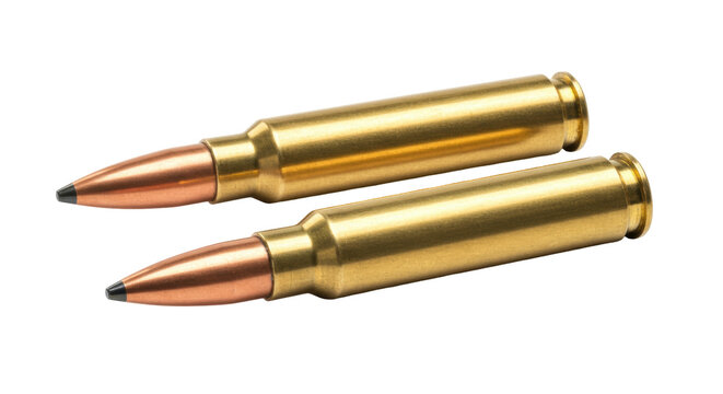Two 223 caliber bullets isolated on transparent background, ammunition for rifles and target practice