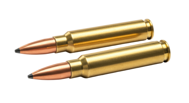 Two 223 caliber bullets isolated on transparent background, ammunition for rifles and target practice