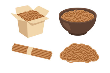 Noodle soba ramen set. Chinese food in takeaway box and bowl. Uncooked and cooked udon pasta. Asian kitchen meal vector illustration. Fast food lunch design element concept.