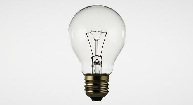 Bombilla de vidrio transparente con filamento interno clara y n&iacute;tida recibiendo luz difusa sobre fondo liso brillante