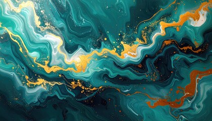 Fluid, abstract artwork features swirling, organic patterns in shades of teal, turquoise, and deep emerald green, accented with shimmering gold details.