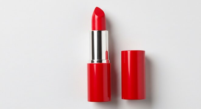 Pintalabios rojo intenso destella con est&eacute;tica minimalista sobre un fondo claro elegante