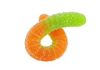 Colorful gummy worm candy isolated on transparent background, sweet and sour confectionery treat for kids and adults PNG