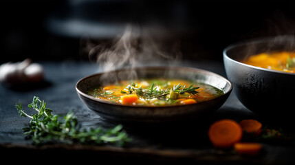 Heiße Gemüsesuppe mit frischen Kräutern im rustikalem Suppenteller