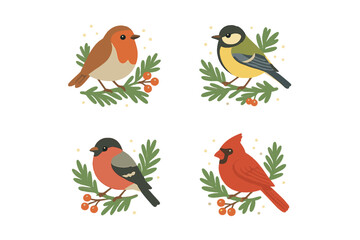 Set of cute Christmas birds on fir tree branches with berries. Vector winter birds collection with robin, cardinal, bullfinch, titmouse. Flat cartoon illustration for holiday design.