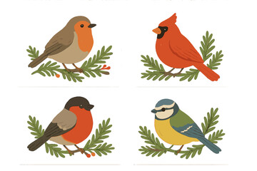 Set of cute Christmas birds on fir tree branches. Vector flat illustration for postcards, prints, and greeting cards. Collection includes robin, cardinal, bullfinch, blue tit.