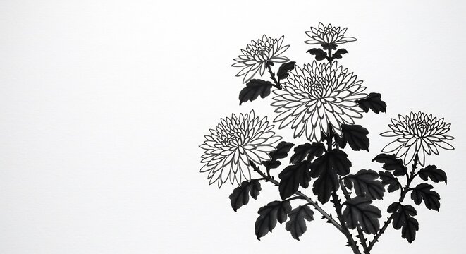Crisantemos delicados florecen en dibujo de tinta negra minimalista sobre fondo blanco arte asi&aacute;tico