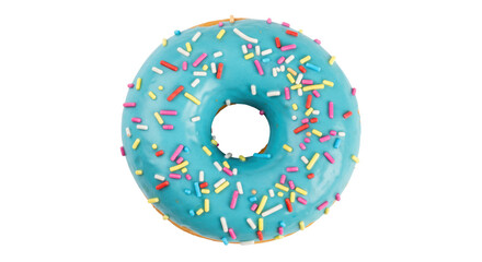 Delicious donut with blue frosting and colorful sprinkles isolated on transparent background, sweet treat for dessert and bakery concepts