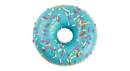 Delicious donut with blue frosting and colorful sprinkles isolated on transparent background, sweet treat for dessert and bakery concepts