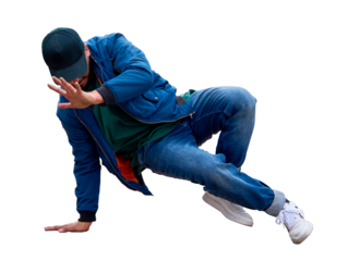 Man performing a b-boy freeze while breakdancing, wearing casual streetwear on transparent background