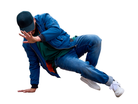 Man performing a b-boy freeze while breakdancing, wearing casual streetwear on transparent background
