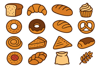Various bakery and pastry products icons set in flat hand drawn style. Tasty vector illustration. Includes bread, croissant, donuts, cupcakes, pretzel, pie, baked goods, isolated on white background