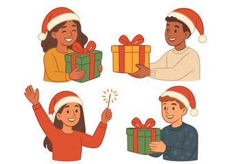 Christmas celebration set with diverse characters. Happy young people giving and receiving holiday presents. Friends in Santa hats exchanging gifts with sparkler vector icon.