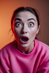 Portrait of a young woman with a rounded face, raised eyebrows, and an open mouth, wearing a pink sweatshirt with a relaxed fit, looking very surprised generative AI