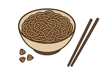 Japanese soba noodles in a bowl with chopsticks, isolated vector illustration. Boiled buckwheat pasta, traditional Asian cuisine for menu or restaurant design in flat style.