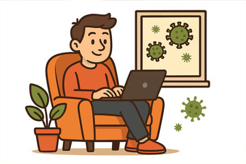 Stay home work remote concept. Man works on laptop in quarantine to protect from COVID-19. Self-isolation and social distancing during coronavirus pandemic. Freelance character.