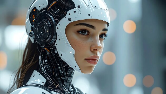 Close-up of a woman with futuristic robot helmet