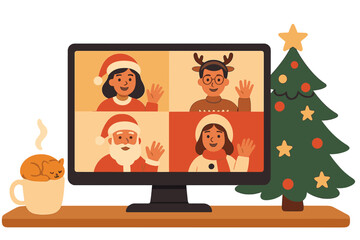 Video conference on Christmas holiday. People group in costumes meeting online. Friends talking on video call with Santa. Computer screen with cat and tree. Flat vector concept.