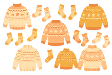 Warm winter autumn woolen sweaters and socks in Scandinavian style seamless pattern. Trendy flat design elements for winter clothes. Pastel ugly sweater with socks. Cozy knitwear.