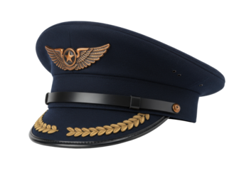 Navy blue pilot hat isolated on transparent background, captain uniform headwear for aviation and nautical themes PNG