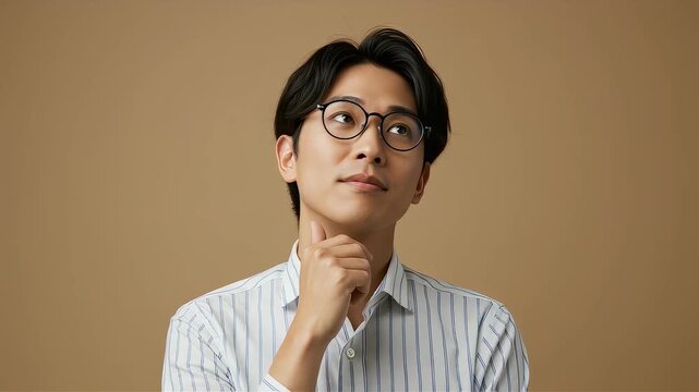丸メガネの若い日本人男性が思案する様子