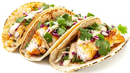 A close up shot of three fish tacos with cilantro and cabbage on a white background surface view