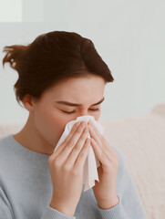 Young Woman Sneezing Into Tissue At Home