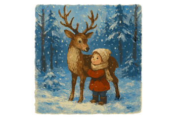 Cute child hugging a friendly deer in a magical winter forest. Christmas fairytale illustration. Concept of friendship, kindness, and human connection with nature and animals.