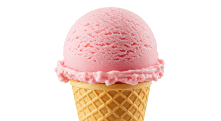 Strawberry ice cream scoop in a waffle cone isolated, delicious summer dessert on no background, sweet treat for kids and adults