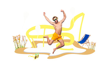 Composite photo collage of excited happy man jump wear swim shorts summer vacation lounger beach...