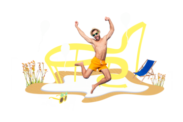 Composite photo collage of excited happy man jump wear swim shorts summer vacation lounger beach flowers isolated on painted background