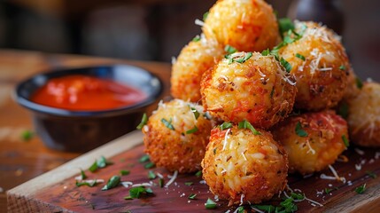 A stack of golden fried arancini balls served with a bowl of red dipping sauce on a wooden board