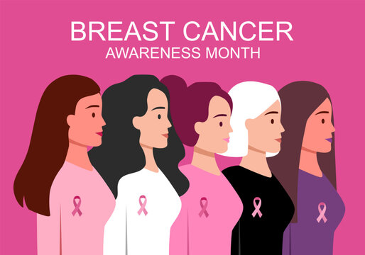 Flat vector illustration highlighting breast cancer awareness with pink ribbon, diverse women and supportive gesture of hand over chest