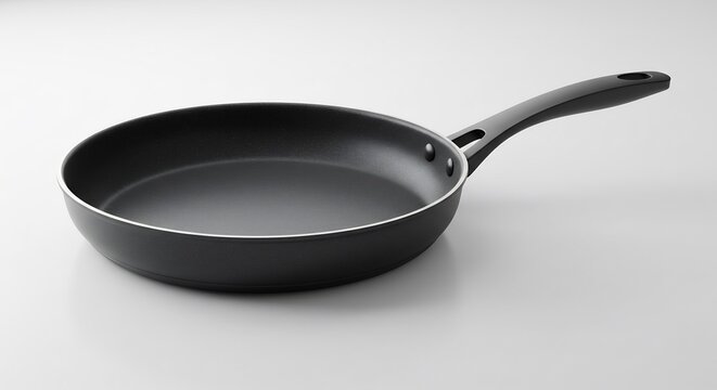 Moderna sart&eacute;n negra antiadherente lista para cocinar con luz brillante que acent&uacute;a su dise&ntilde;o elegante y minimalista