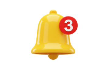 Yellow notification bell with number 3 isolated PNG, social media alert icon for reminders and updates on transparent background