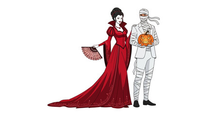 Halloween Costume Romance: An illustrated couple, one dressed as a regal vampire and the other as a mummy, share a tender moment while holding a carved pumpkin. Evoking themes of love, mystery.