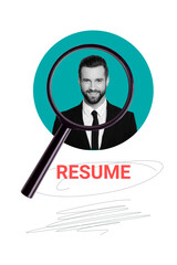 Vertical photo collage of happy guy suitable candidate find resume search loupe employee hiring unemployment isolated on painted background