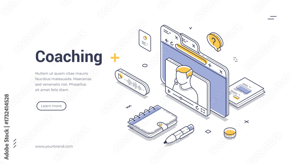 Wall mural coaching e learning remotely education isometric web banner design template line vector illustration