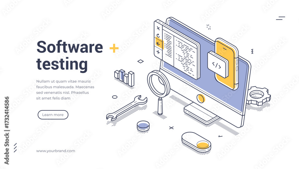 Wall mural software testing coding programming isometric web banner design template line vector illustration. c
