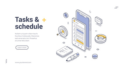 Tasks schedule time management planning isometric web banner design template line vector illustration. Business efficiency productivity deadline to do list control optimization organization mobile app
