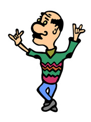  old man with mustache and in knitted sweater, rhythmically dancing with fingers of raised hands up on a white isolated background, Vector color illustration