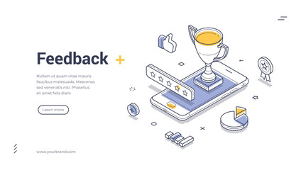 Feedback service retail rate evaluation isometric web banner design template line vector illustration. Customer satisfaction best choice award reward rating client support mobile app technology