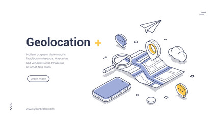 Geolocation map tracking GPS navigation mobile app isometric web banner design template line vector illustration. Global positioning system cartography navigate direction route pointer technology