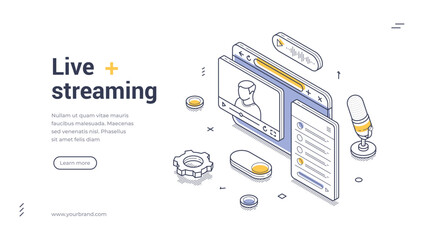 Live streaming blog vlog video online broadcasting isometric web banner design template line vector illustration. Internet show e learning tutorial webinar social media network communication