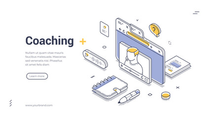 Coaching e learning remotely education isometric web banner design template line vector illustration. Webinar digital tutorial educational video internet content broadcasting studying technology