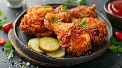 A plate of crispy fried chicken with pickles and parsley garnish on a dark background with ketchup nearby