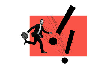 Composite photo collage of serious businessman run exclamation mark symbol warning attention project isolated on painted background