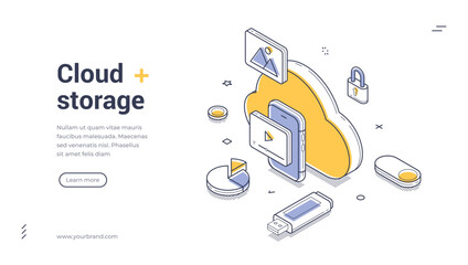 Cloud storage mobile app personal information isometric web banner design template line vector illustration. Computing technology cyberspace connection archive database backup digital software