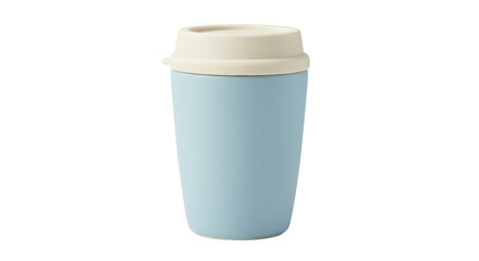 Light blue ceramic travel mug with lid isolated, reusable coffee cup for hot drinks on a clean background